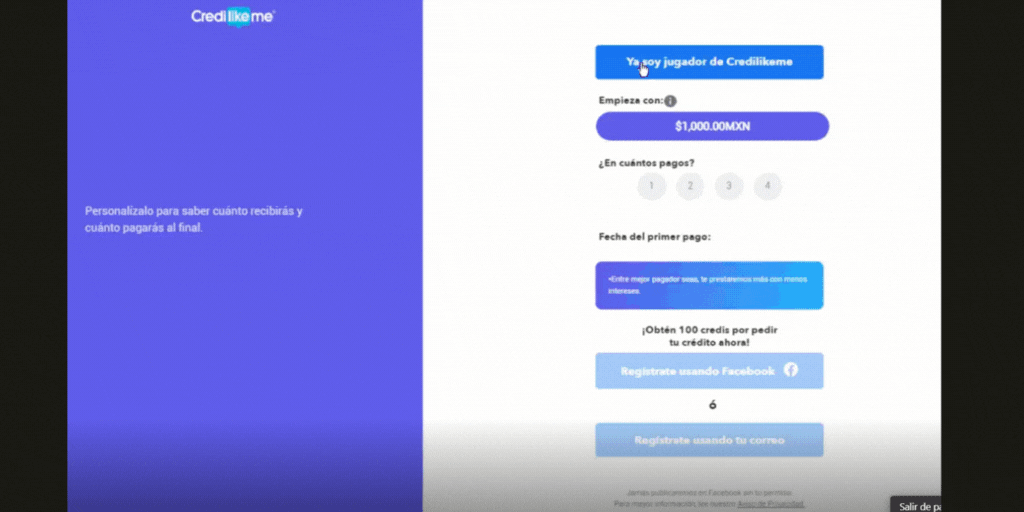 Proceso de solicitud del préstamo Credilikeme en línea
