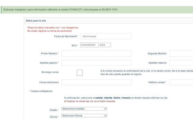 Datos para sacar cita Fonacot