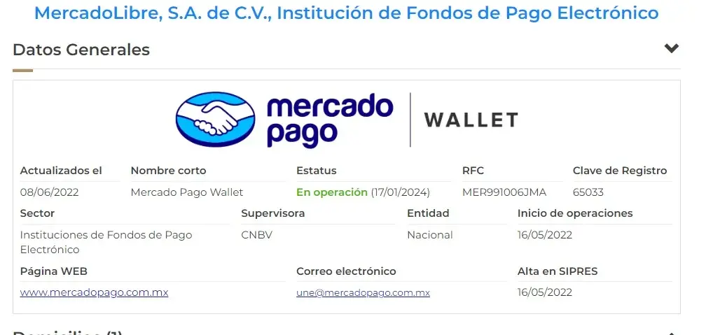 Mercado Pago captura de su estatus legal en el sipres