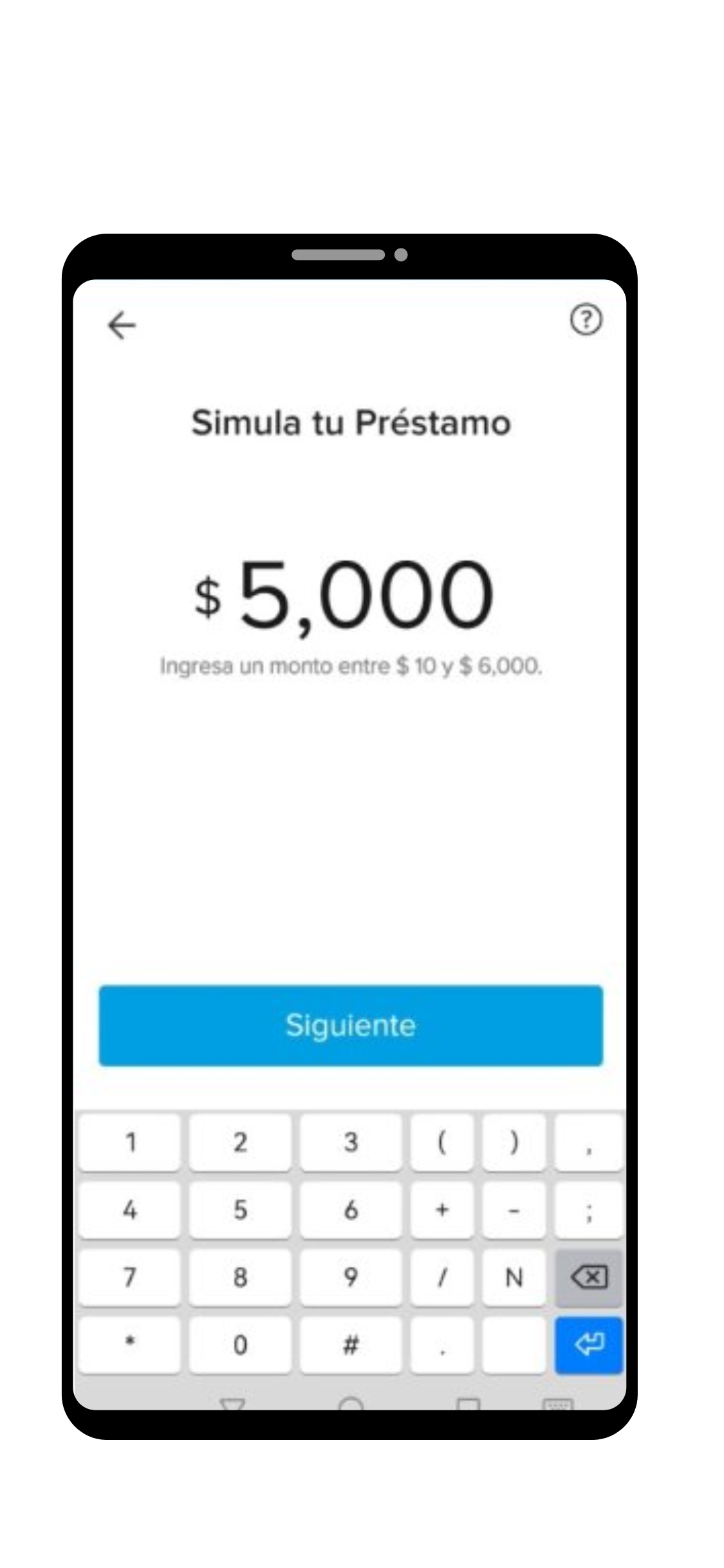 Pantalla de celular con monto a simular para préstamo Mercado Pago