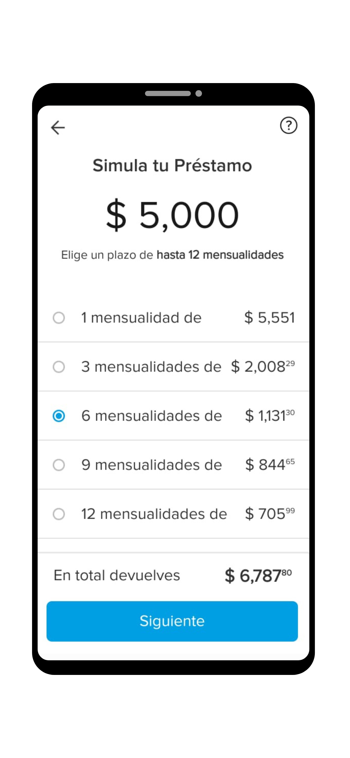 Pantalla de celuar con plazos de pago del préstamo personal Mercado Pago