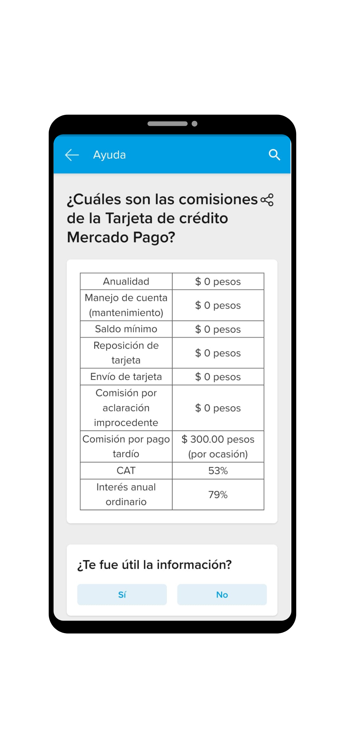 Pantalla de celular con comisiones de Tarjeta de Crédito Mercado Pago