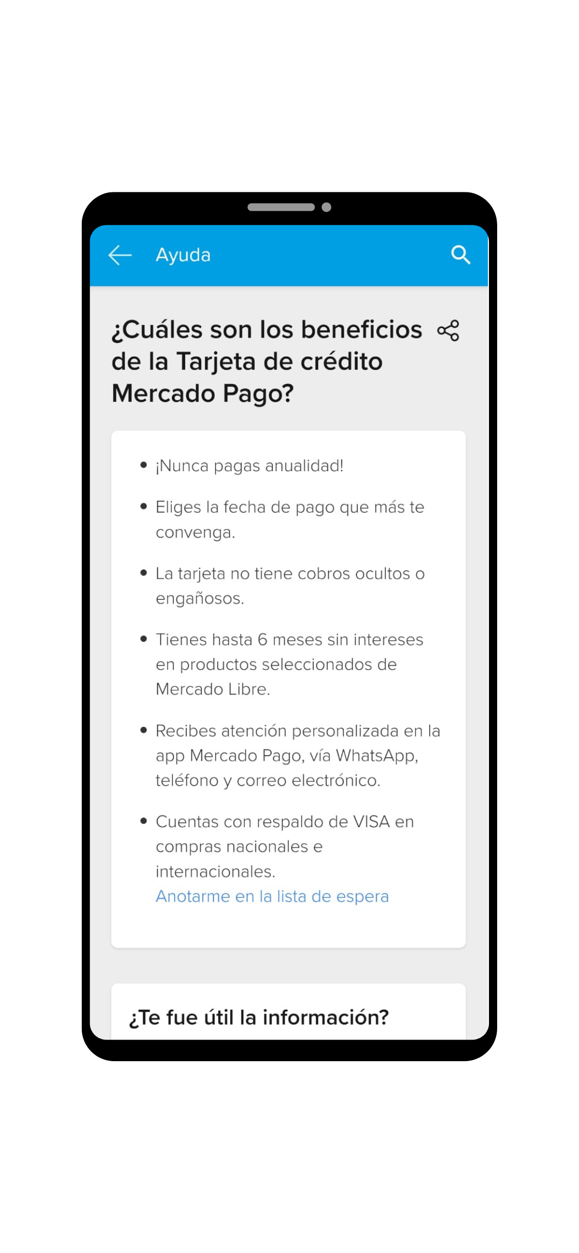 Pantalla de celular con principales beneficios de Tarjeta de Crédito Mercado Pago
