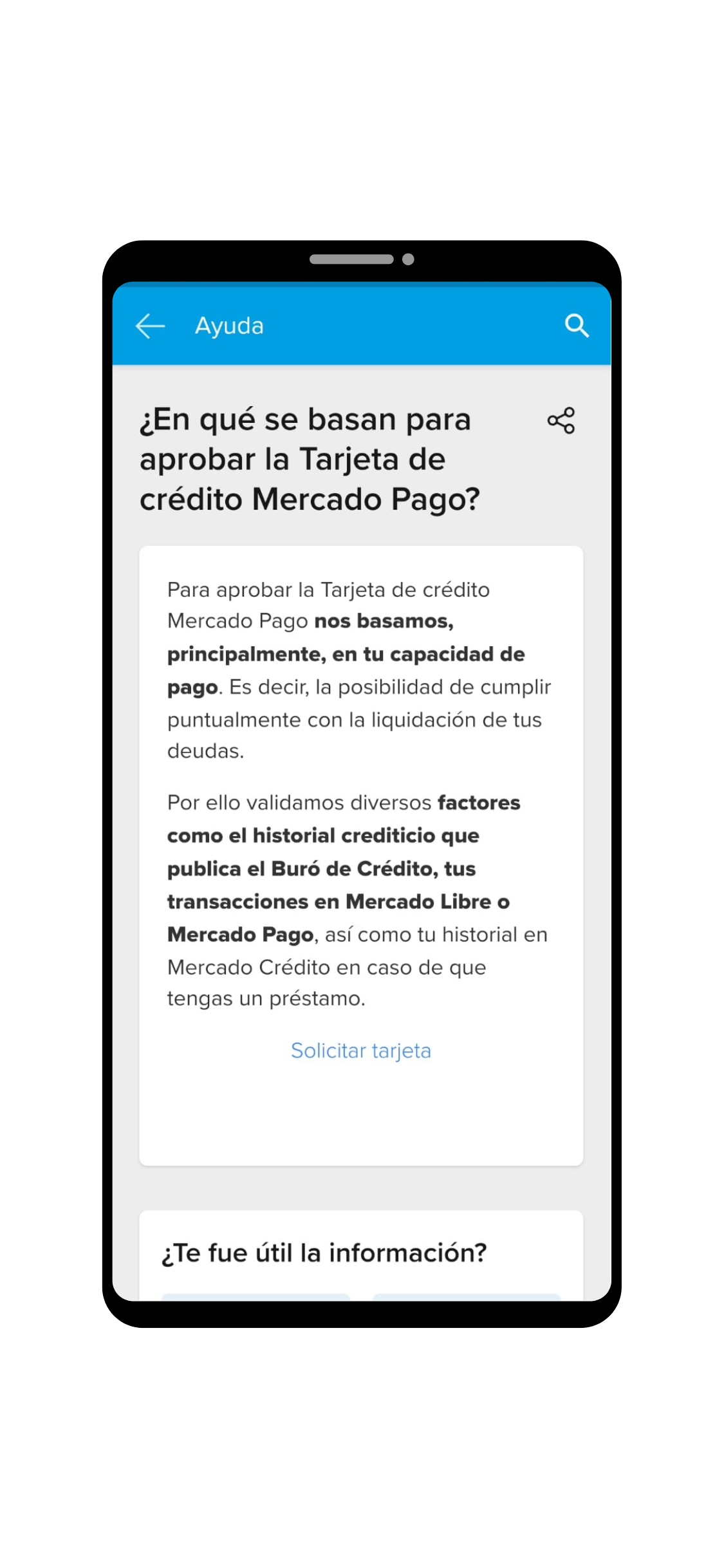 Pantalla de celular con proceso de aprobación Tarjeta de Crédito Mercado Pago