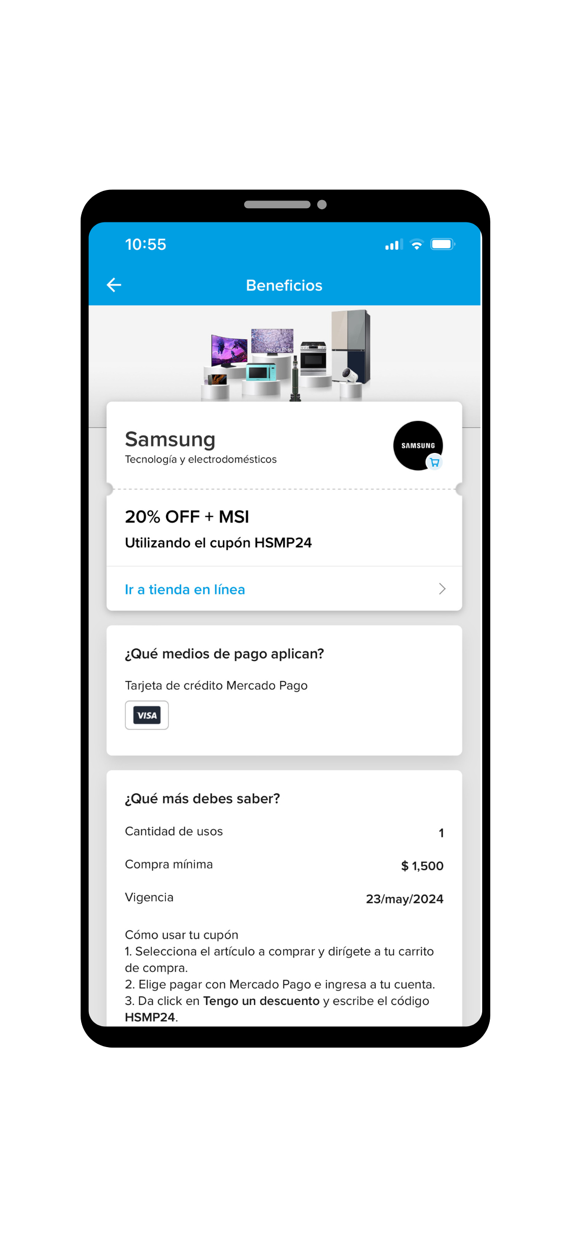 Pantalla de celular con promoción con Tarjeta de Crédito Mercado Pago en Hot Sale
