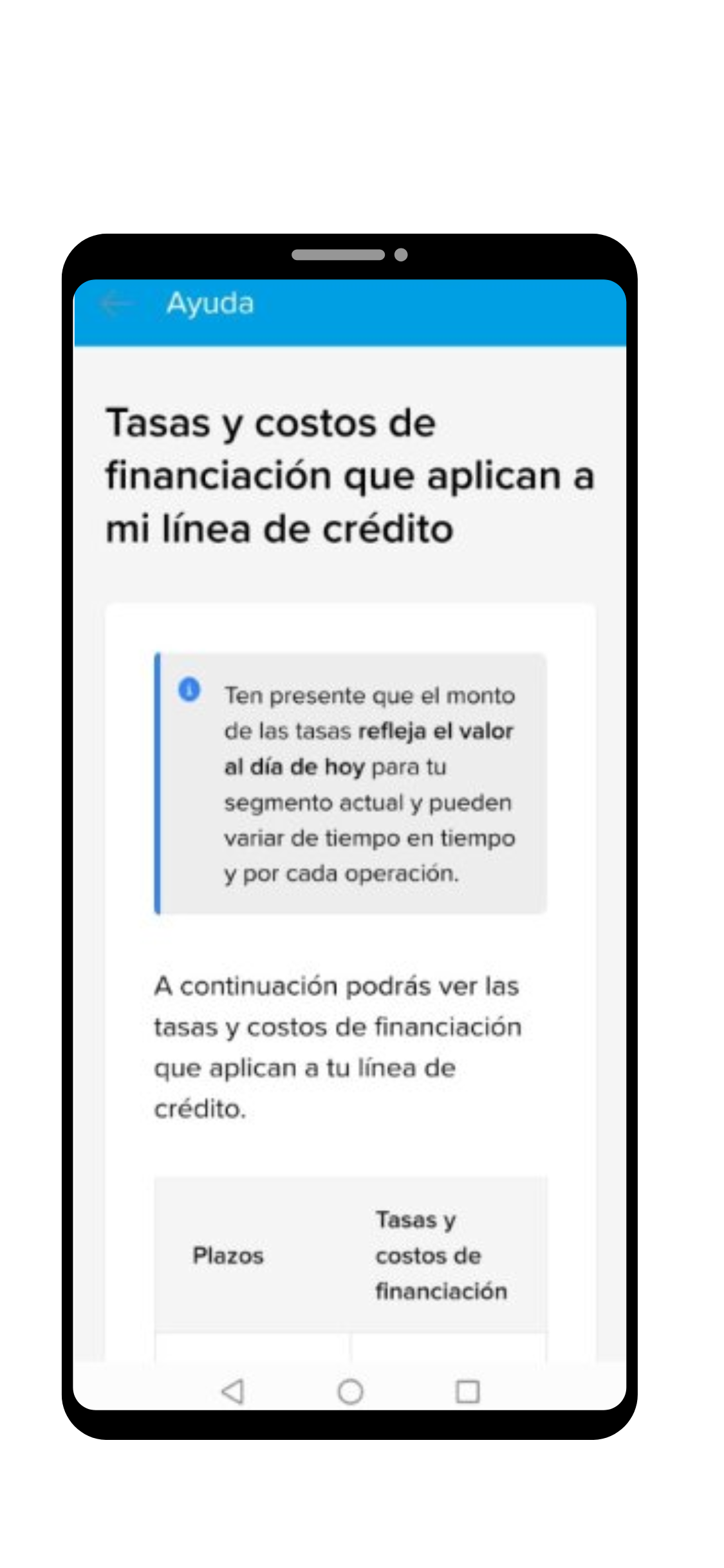 Pantalla de celular con términos y condiciones de tasa de interés del préstamo Mercado Pago