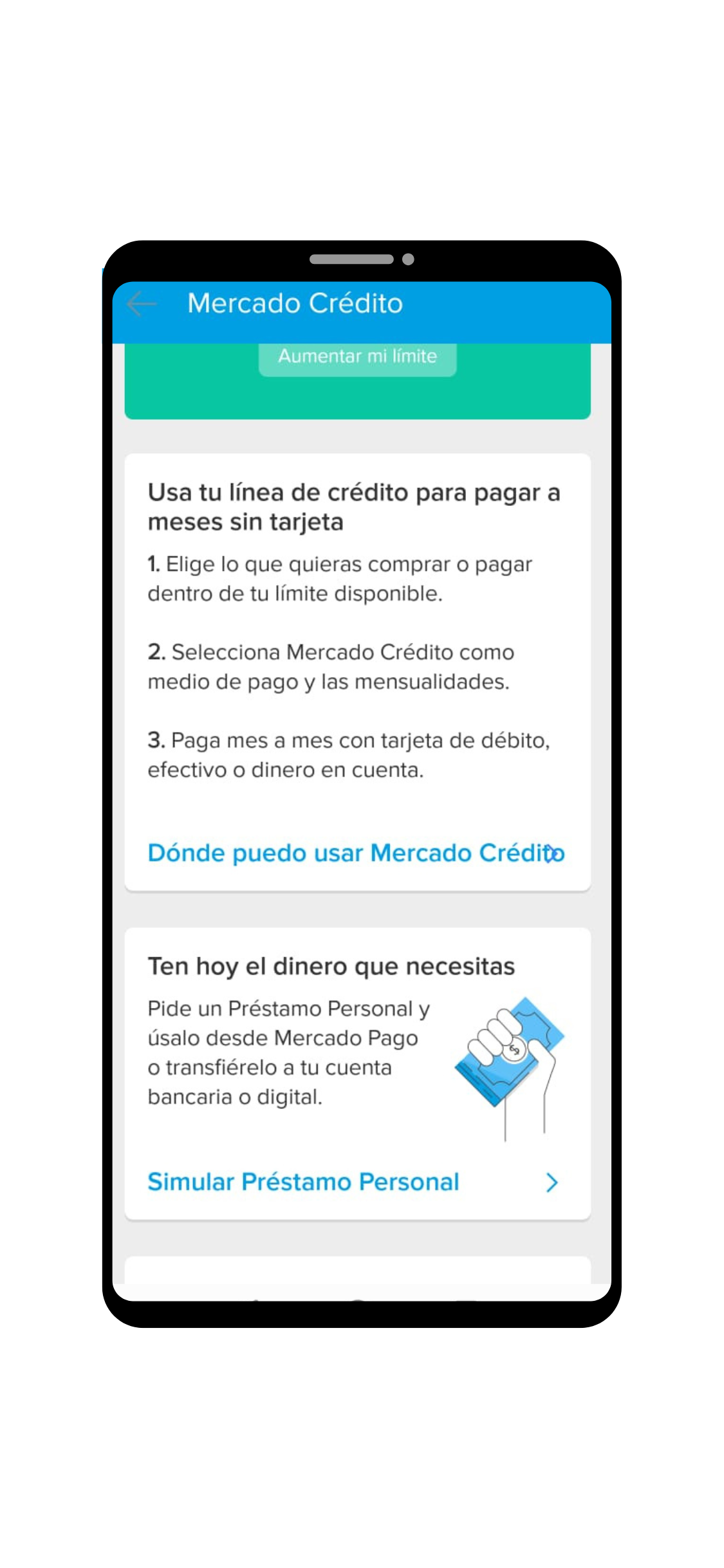 Pantalla de celular que ilustra el primer paso para simular préstamo Mercado Pago