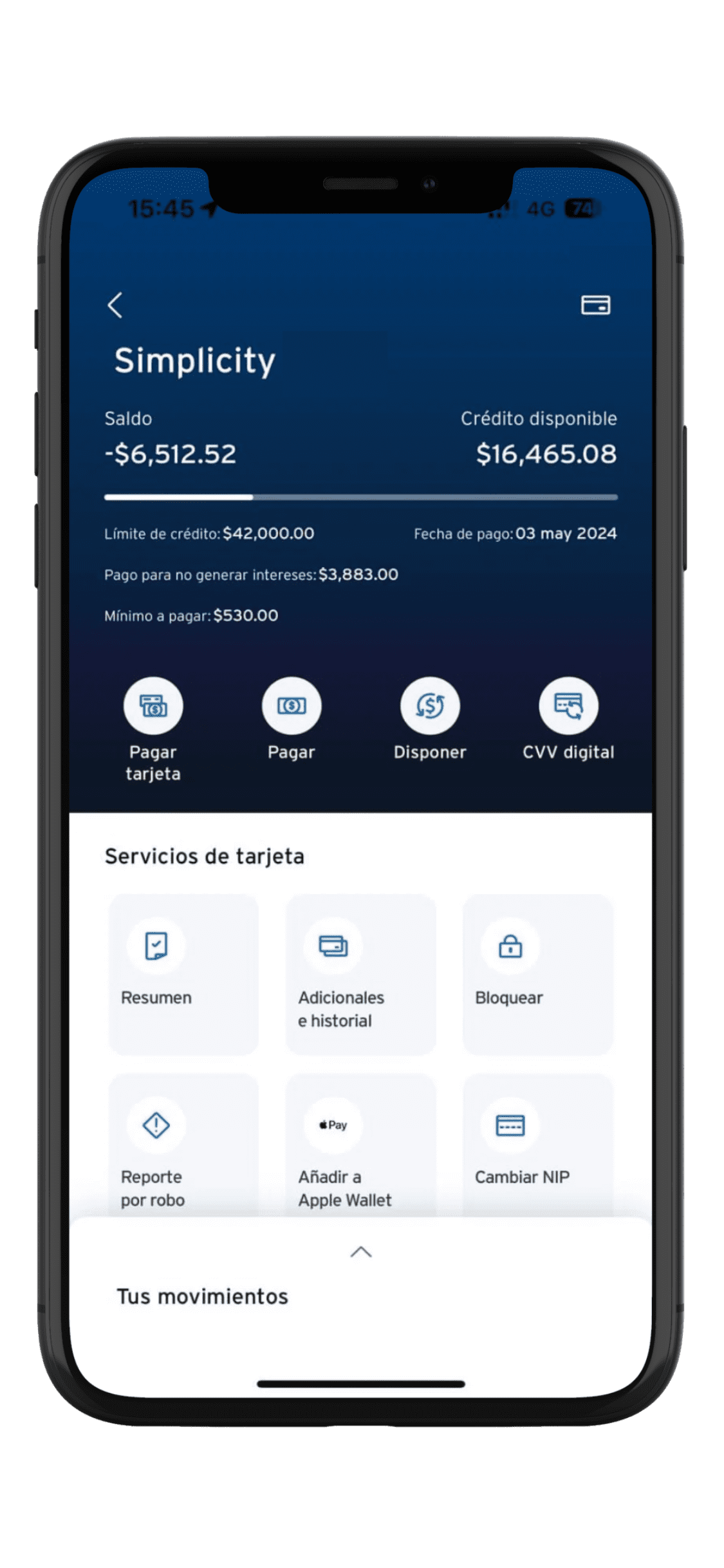 Consultar CVV de Tarjeta Simplicity en app Banamex