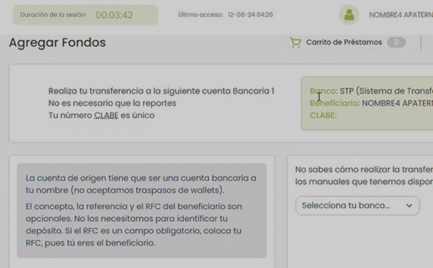 Transferir fondos para invertir en Prestadero