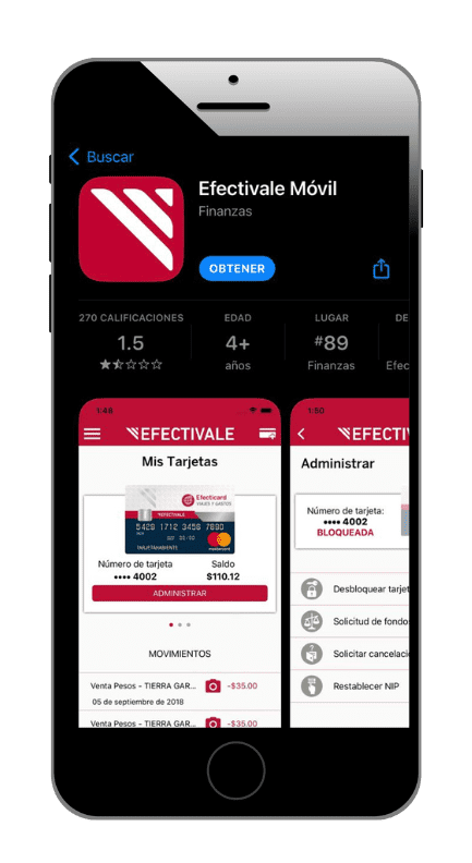 aplicación de efectivale con una calificación baja de 1.5 estrellas