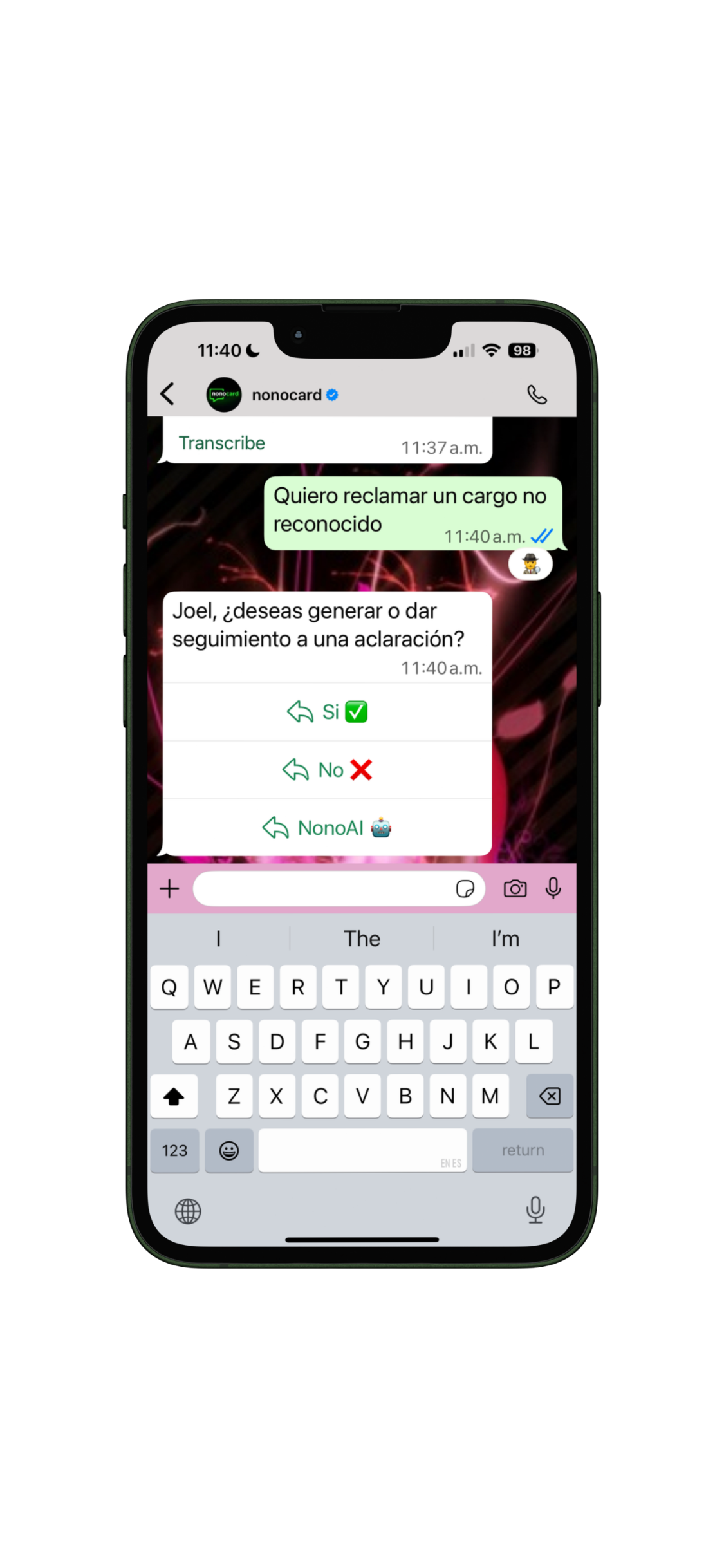 cargo no reconocido en tarjeta nono black nono AI