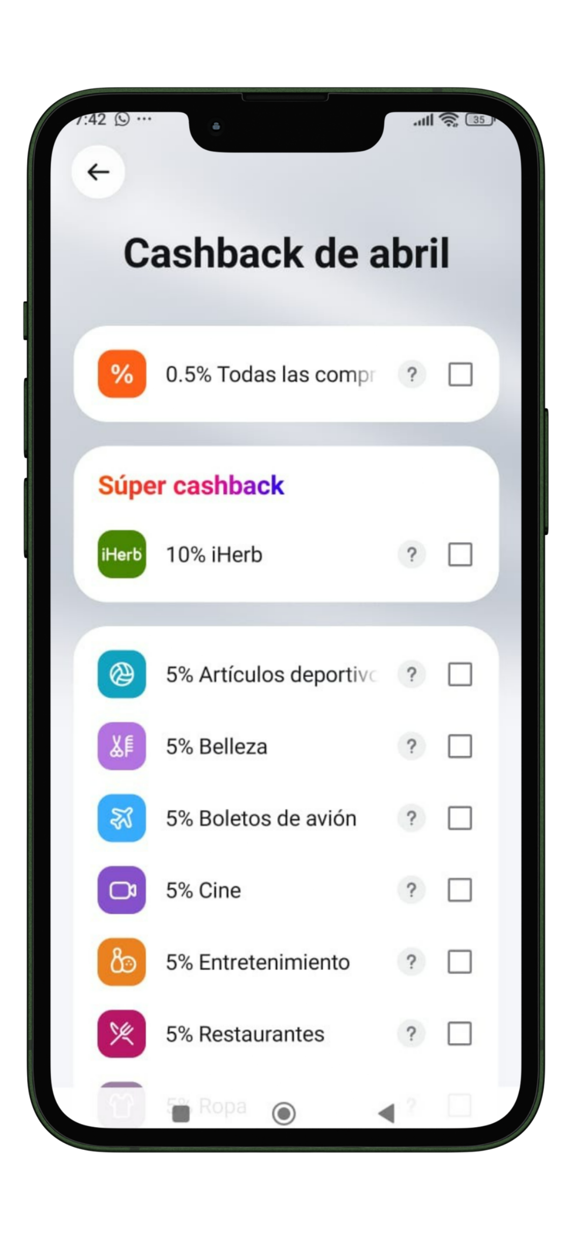 categorias cashback cuenta plata