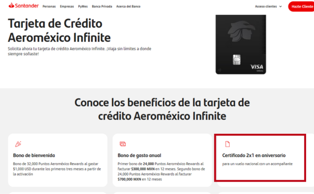 certificado 2x1 santander aeromexico infinite