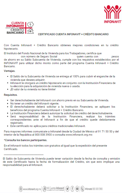 certificado cuenta infonavit mas credito bancario
