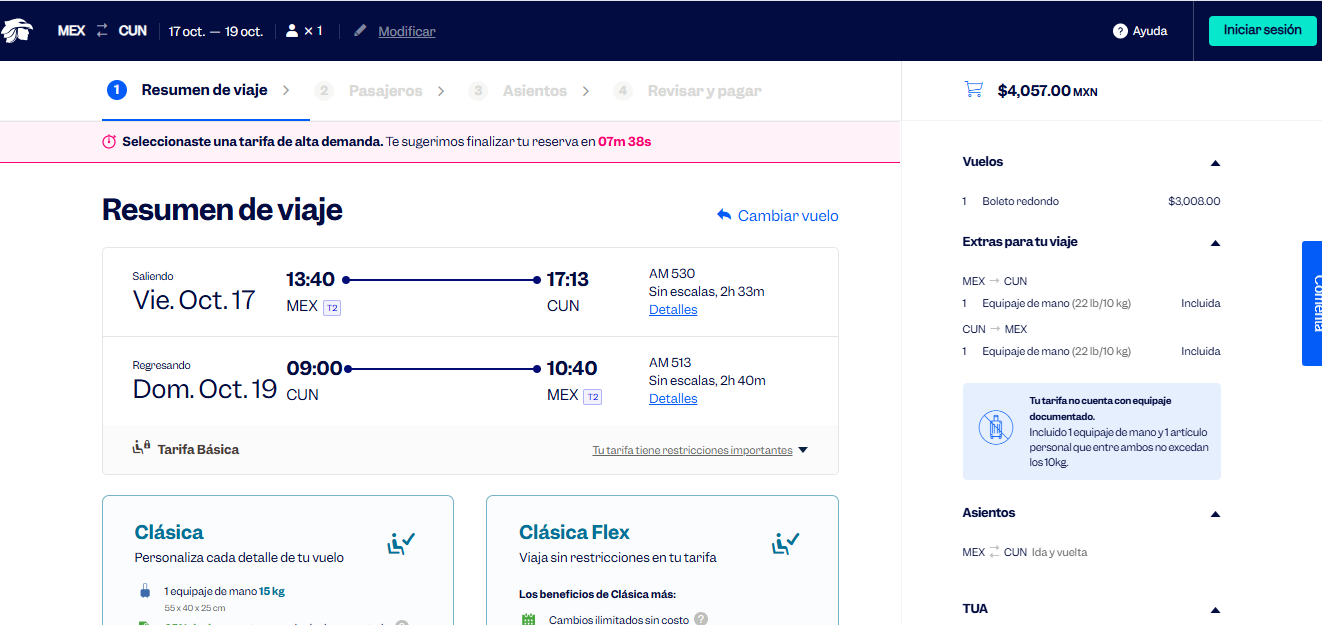 ejemplo vuelo redondo desde Aeromexico