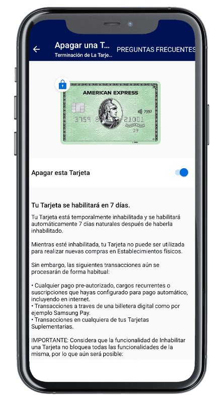 prender y apagar Amex Platinum Credit Card desde app